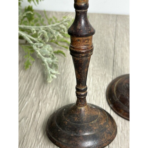 Set Of 2 Vintage Metal Candle Holders India Patina Rustic For Taper Candles 6” - Picture 3 of 9